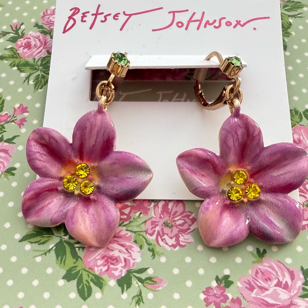 New Betsey Johnson Pink Floral Drop Earrings - Picture 6 of 8